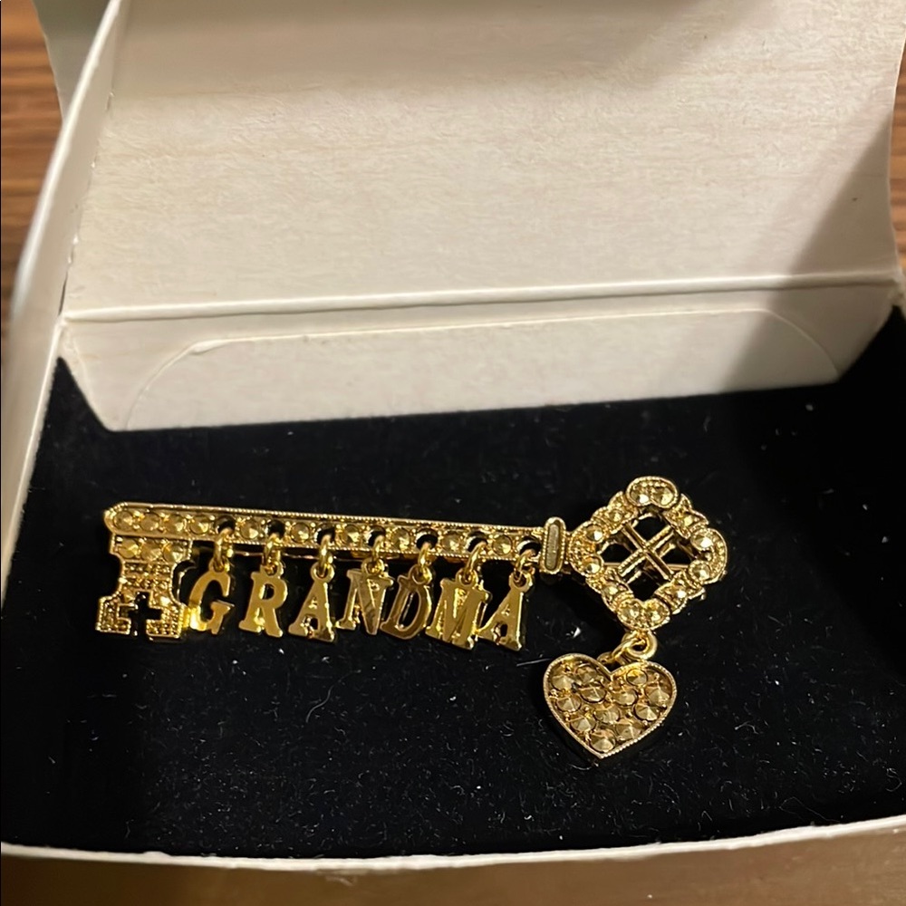 Vintage Gold Grandma Key Brooch with Heart Charm